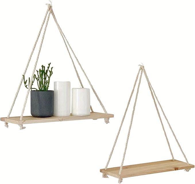 Boho Decor Hanging Shelf, Storage Display Shelves for Hanging Plants Photos, Rustic Wood Floating Shelves for Nursery Bedroom Bathroom Living Room, Wall Decor (White)