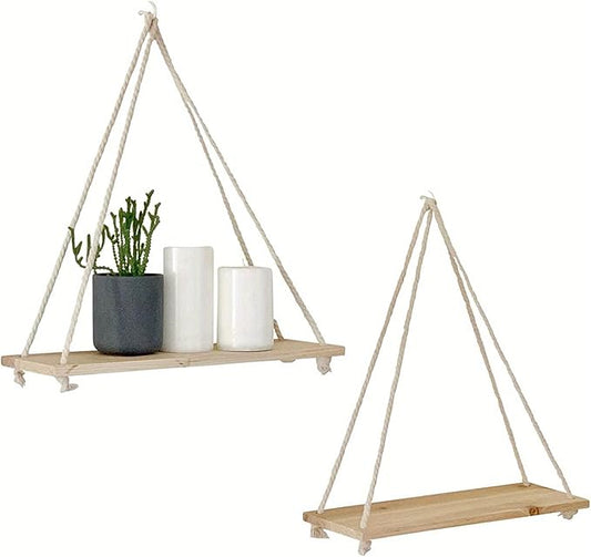 Boho Decor Hanging Shelf, Storage Display Shelves for Hanging Plants Photos, Rustic Wood Floating Shelves for Nursery Bedroom Bathroom Living Room, Wall Decor (White)