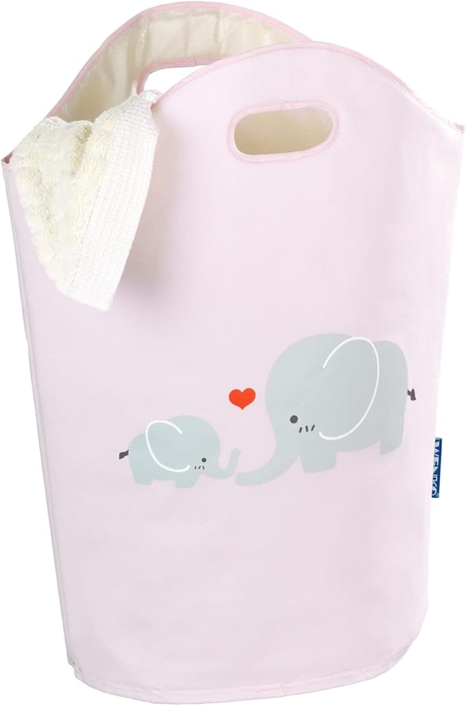 WENKO Kids Laundry Hamper, Baby Hamper for Nursery, Baby Basket for Dirty Clothes, Elephant Nursery Hamper, Toy Basket with Handles, Pink Laundry Bin, 15.7 x 20.5 x 7.9 inch