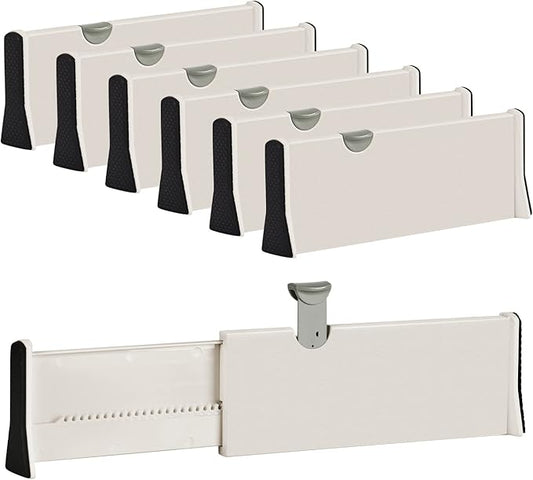 JONYJ Drawer Dividers Organizer 6 Pack, Adjustable Separators 4" High Expandable from 11-17" for Bedroom, Bathroom, Closet, Clothing, Office, Strong Secure Hold, Foam Ends, Locks in Place