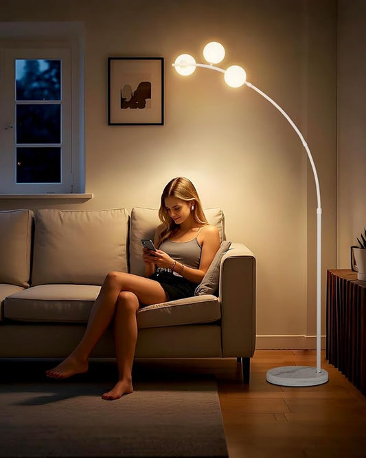 Lightdot 3 Globe Arc Floor Lamp for Living Room, Contemporary White Arched Floor Lamp with Shatterproof Shade, Bulbs Included, Modern Standing Lamp for Living Room