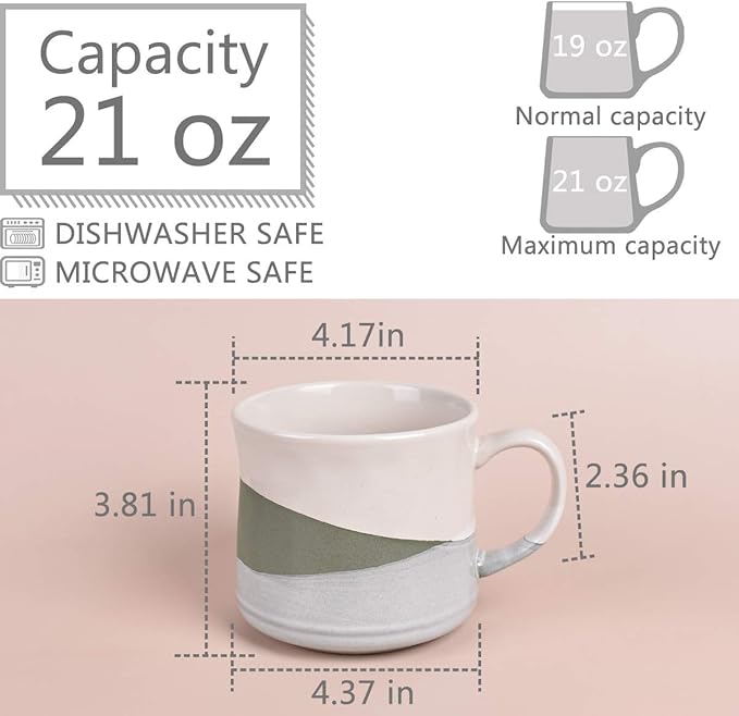 Bosmarlin Large Stoneware Coffee Mug, Big Tea Cup for Office and Home, 21 Oz, Dishwasher and Microwave Safe, 1 PCS (Geometry-Green)