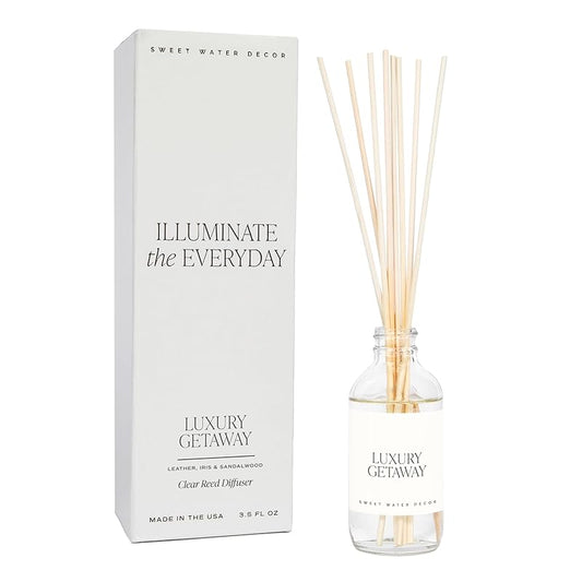 Sweet Water Decor Luxury Getaway Reed Diffuser Set - Room Diffuser with Leather, Amber & Musk Scent - Reed Diffuser for Bathroom Lasts for 4 Months - Home Diffuser with Premium Fragrance Oils