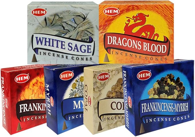 Hem Incense Cones Variety Pack #4 and Inscents-Cones Burner Holder with 6 Most Popular Fragrances - Dragons Blood, Frankincense, Myrrh - Total 60 Scented Cone Incense (6 Scents x 10 Conos)