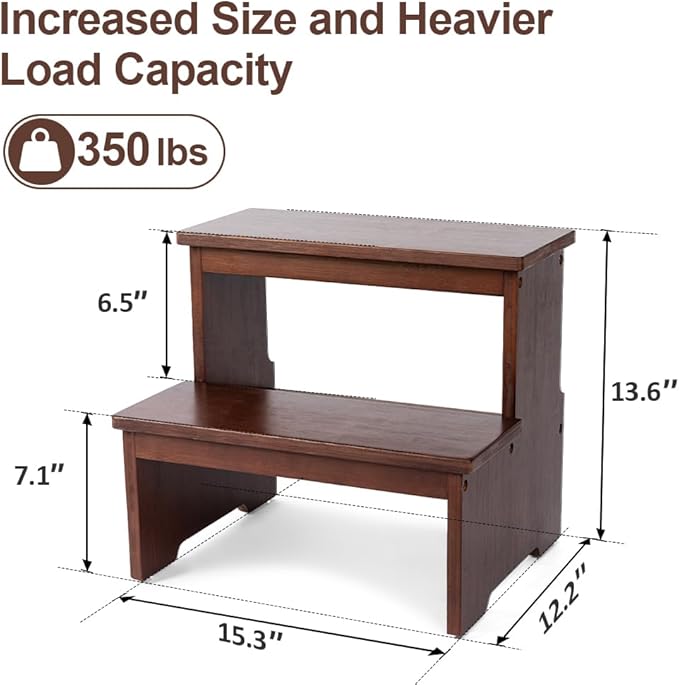 StrongTek Bamboo Two Step Stool for Adults and Kids, Bed Stepstool with Anti-Slip Bottom, Heavy Duty for Kitchen, Bathroom, Bedside Step Stool, Wooden Step Stairs 350 lbs Capacity (Dark Chocolate)