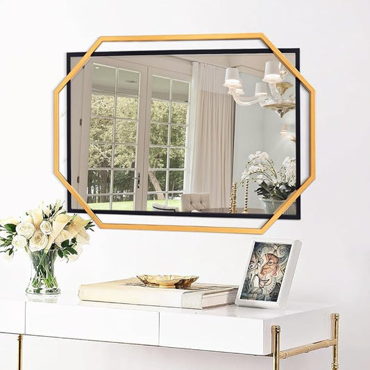 Decorative Wall Mirror, Black and Gold Bathroom Mirror for Wall with Modern Octagonal Metal Frame, for Living Room, Dining Room, Entryway (36" x 24")