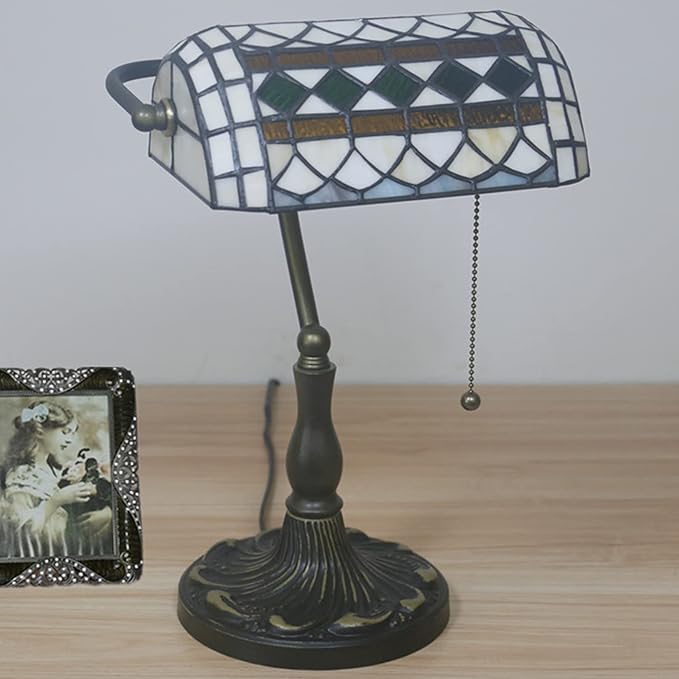 Tiffany Style Bankers Table Lamp Stained Glass Piano Desk Lamp Vintage Bedroom Bedside Lamp for Study,Antique Alloy Base,Zipper Switch,Green e