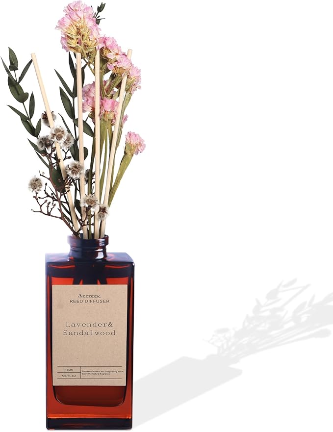 Reed Diffuser Set - Lavender Essential Oil, 5 oz/150ml Sandalwood Aroma Scent Oils Bathroom Air Freshener with Flower Decoration and Diffuser Sticks, Home Fragrance for Room Decor