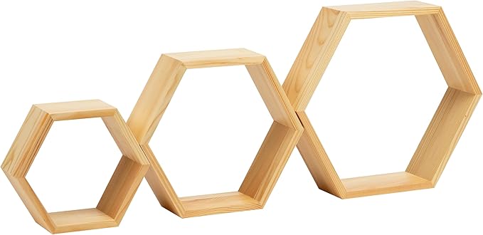 Mind Reader Hexagon Floating Shelves, Set of 3, Wall Decor, Honeycomb Accent Shelf, Cabinet Organizer, Office, Bamboo, 13.75" L x 3.125" W x 12" H, Brown