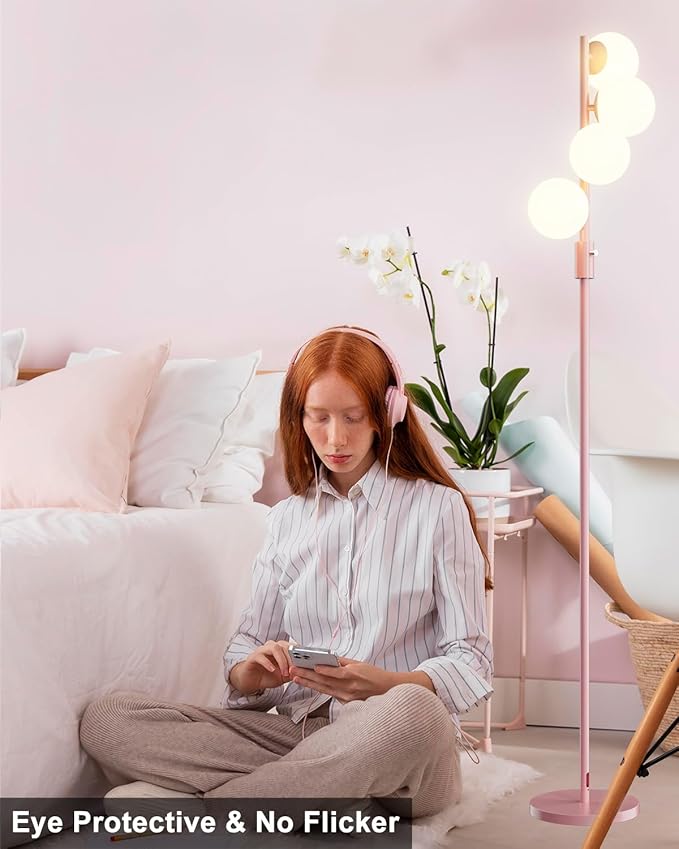 64IN Dimmable Pink Floor Lamp, Tall Standing Lamps with 4 Globe Soft Warm White Eye Care 3000K G9 Bulbs, Mid Century Modern Floor Lamp for Bedroom Office