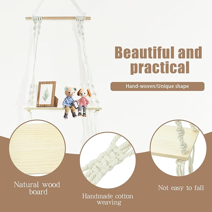 Floating Shelves, Macrame Wall Hanging Boho Decor Wall Shelf Wood Storage Shelves Plant for Wall Decor Hanging Shelf for Bedroom Bathroom Living Room
