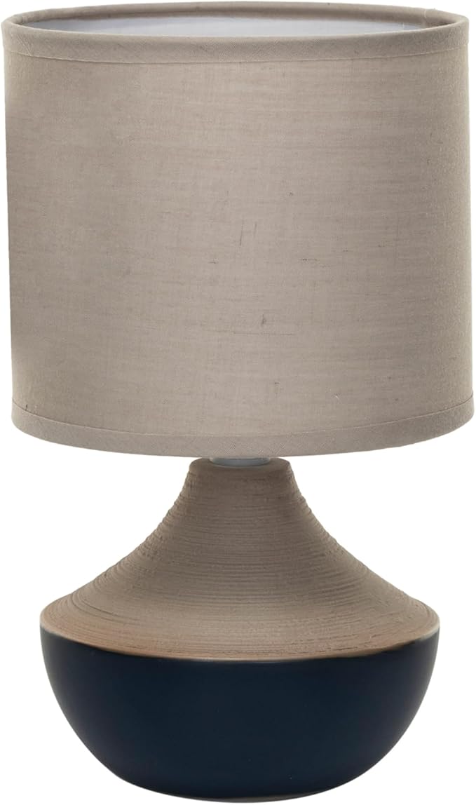 Creative Co-Op Stoneware Portable Table Lamp with Linen Shade, Black and Natural