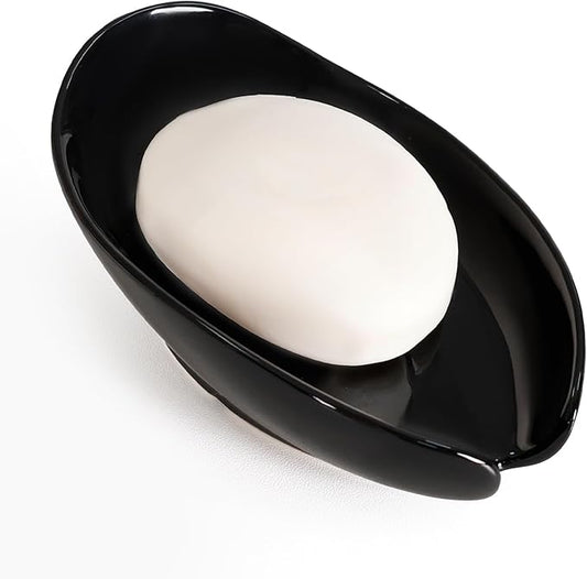 Soap Holder, Self Draining Soap Dish, Leaf Shape Ceramic Bar Soap Holder Drain Soap Dishes for Bathroom Sink Kitchen, Easy to Clean Keeps Soap Dry, Black, ANTIS'S HOME