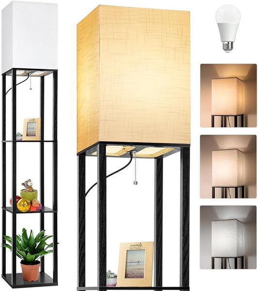 Dott Arts Floor Lamp with Shelves, Floor Lamps for Living Room Decor Display Shelf Lamps with 3 Color LED Bulb, Modern Floor Lamp for Bedroom Standing Lamp for Living Room Office,Home Decor（Black）