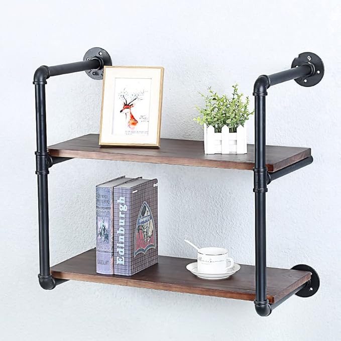 Industrial Pipe Shelving Wall Mounted,24in Rustic Metal Floating Shelves,Steampunk Real Wood Book Shelves,Wall Shelf Unit Bookshelf Hanging Wall Shelves,Farmhouse Kitchen Bar Shelving(2 Tier)