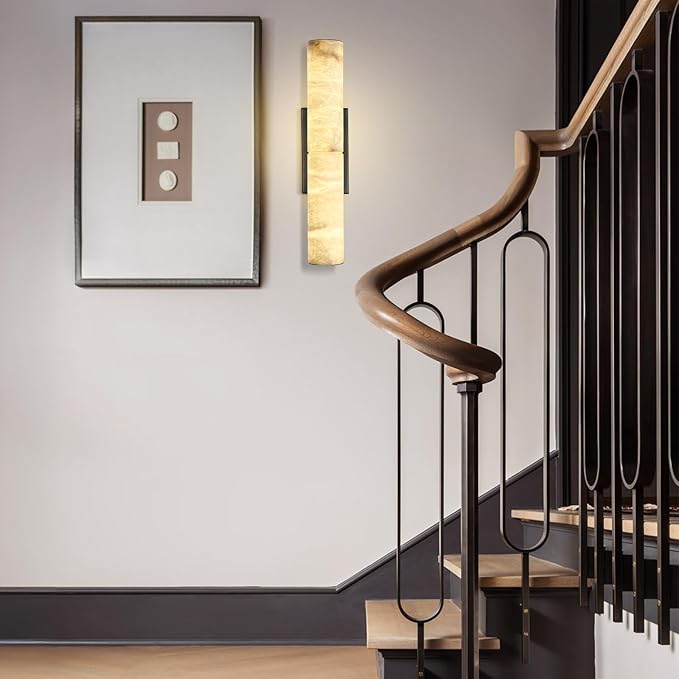 Bronze Alabaster Wall Sconces, 20" Natural Marble Wall Sconce, Hardwired Black Wall Sconces Indoor, Stone Wall Sconce Dimmable, Alabaster Wall Lamp for Living Room, Bathroom, Bedroom, Stair-Upgraded