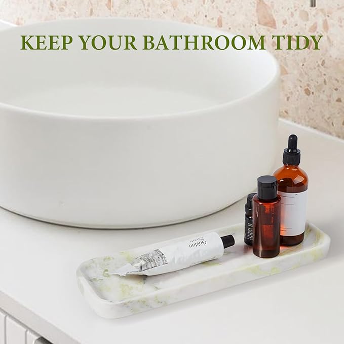 Koville Marble Tray for Bathroom Sink, 12"x4" Natural Stone Vanity Tray for Kitchen Dresser Countertop, Rectangular Decorative Marble Trays for Jewelry Perfume Trinket(Bianco Palomino)