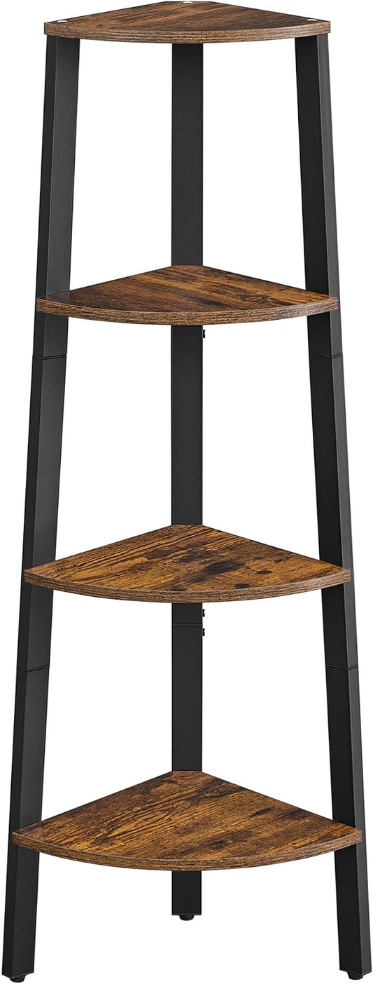 VASAGLE Corner Shelf Stand, 4-Tier Corner Bookshelf, Industrial Ladder Shelf, Plant Stand for Living Room, Office, Kitchen, Rustic Brown and Black ULLS34X