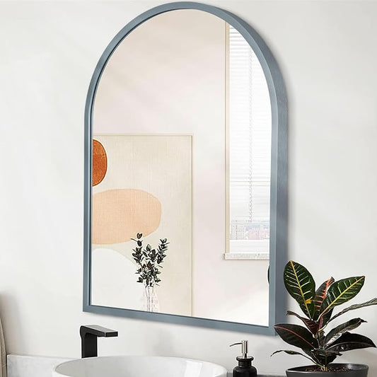 Wall Mirror Arched Bathroom Mirrors Aluminum Alloy Frame Contemporary Hanging Vanity Mirror for Living Room Bedroom Entryway Vanity, Brushed Metal Framed Wall Mounted Mirror Gray 16"x12"
