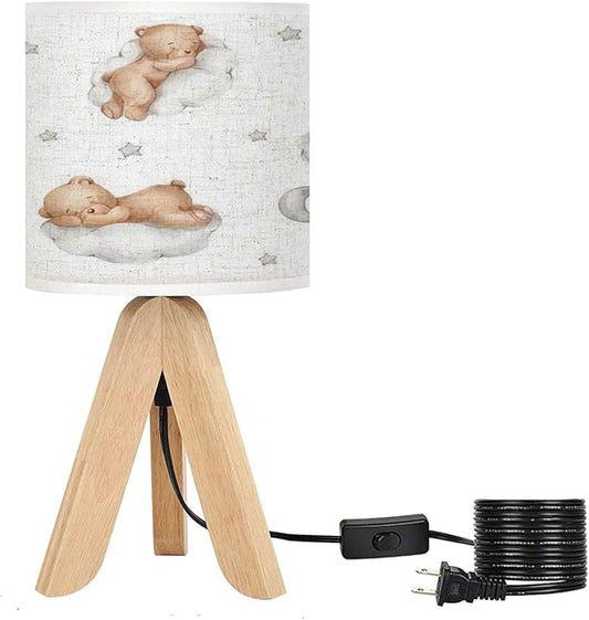 Wooden Tripod Nightstand Lamp Small Bedside Table Lamp with Light Bulb Adjustable Seamless Teddy Bears Clouds Moon Stars Watercolor Hand Drawn White Light Cute Desk Lamps for Nursery Bedroom
