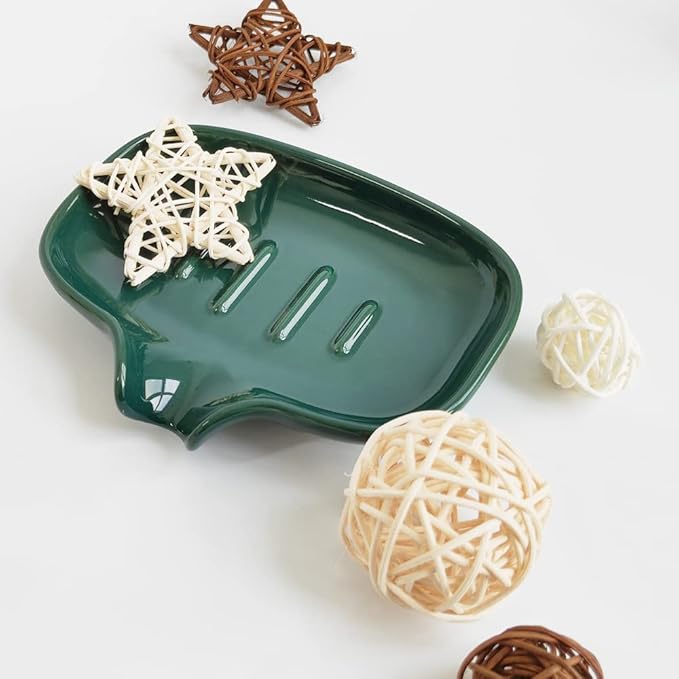 Multi-Color Ceramic Soap Dish for Kitchen or Bathroom, Easy to Clean, Self Draining Soap Holder, Keeps Soap Dry (Green)