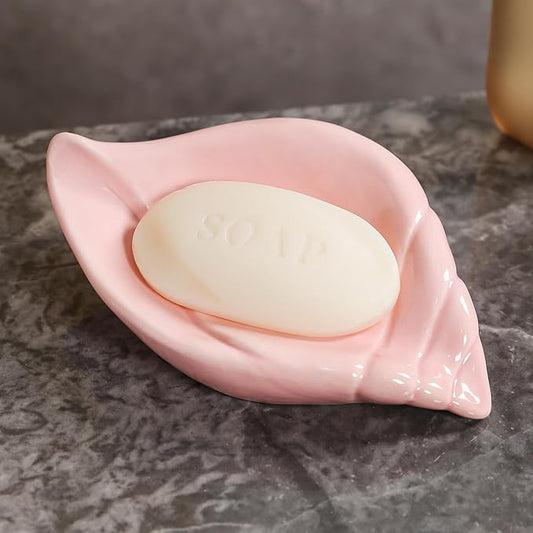 Sea-Shell Soap Holder, Ceramic Soap Tray with Self Draining, Soap Tray for Sink Washroom Bathroom Shower, Small Cute and Elegant Holder with Glaze, Easy Cleaning (Pink)