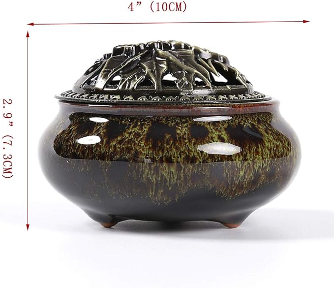 Ceramic Incense Burner with Incense Stick Holder + Insulation use for Stick or Coil Incense, Sage Cones and Frankincense (Fambe Green)