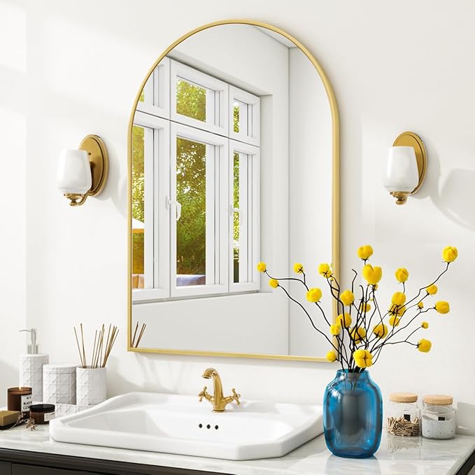 Arched Wall Mirror, 24 x 36 inch Arch Bathroom Mirror, Wall Mounted Vanity Mirror with Arch Metal Frame, Modern Bathroom Vanity Mirror for Bedroom, Living Room, Hanging or Leaning, Gold