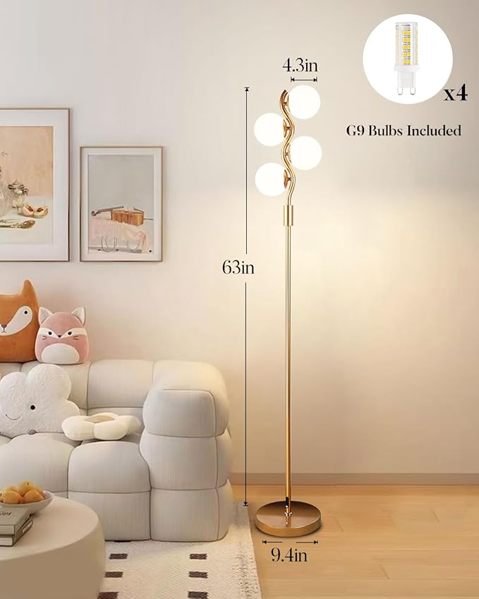 60IN Dimmable (Brightness Adjustable) Gold Floor Lamp, Modern Standing Lamps with 4 Globe Soft Warm White 3000K Bulbs, Mid Century Floor Lamp for Living Room Bedroom Home Decor