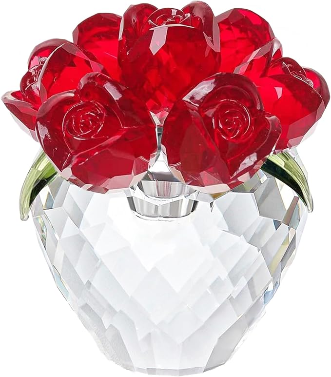 Crystal Flower Figurines - Glass Rose Home Decor - Romantic Flower Bouquet for Women（Red）