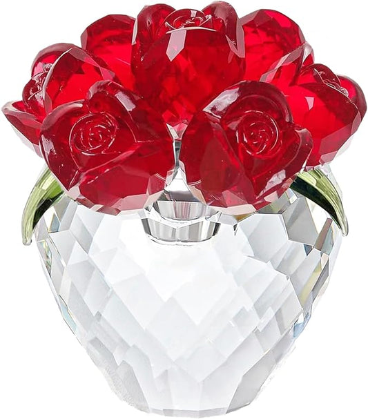 Crystal Flower Figurines - Glass Rose Home Decor - Romantic Flower Bouquet for Women（Red）