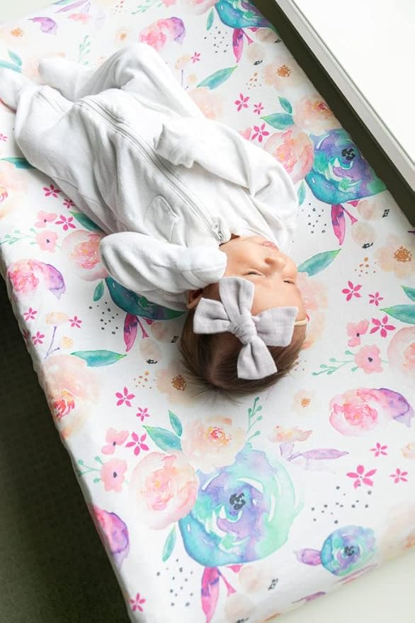 TotAha Premium Stretchy Changing Pad Covers (2-Pack)-Hypoallergenic, Silky Comfort, Buttery Soft, Calming Effect, All-Season Jersey-Knit 32'' X 16'' X 5'' Deep Pocket (Colorful Flora & Blue Flowers)