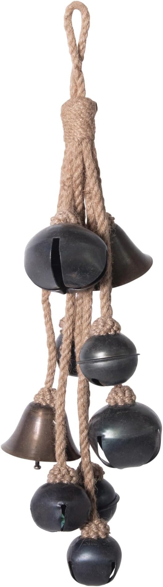Creative Co-Op Decorative Metal Bells in Various Shapes on Jute Rope Hanger Wall Hangings, Black, 3.00" x 15.00"