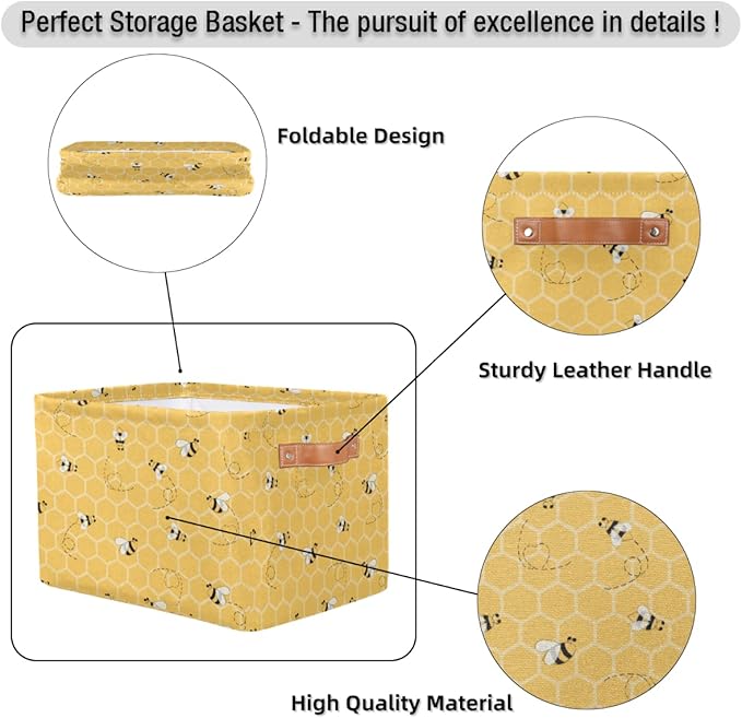 Honeycomb Bee Storage Basket Collapsible Storage Bin Large Fabric Storage Boxes Organizer with Leather Handles for Clothes Toys Books Kitchen Laundry 1Pc