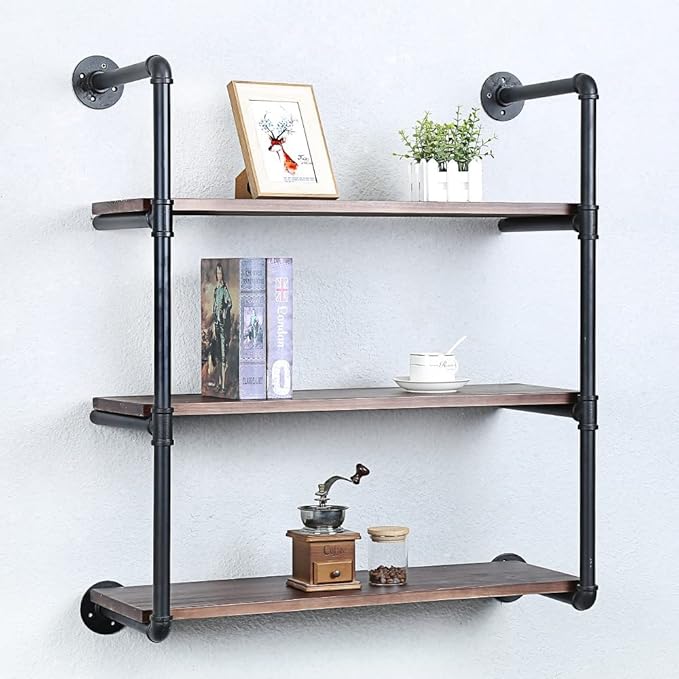 Industrial Pipe Shelving Wall Mounted,30in Rustic Metal Floating Shelves,Steampunk Real Wood Book Shelves,Wall Shelf Unit Bookshelf Hanging Wall Shelves,Farmhouse Kitchen Bar Shelving(3 Tier)
