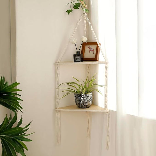 Artilady Macrame Corner Shelf Wall Hanging - 2 Tier White Corner Floating Shelves Boho Wall Decor, Rustic Wooden Plant Shelf Storage Rack for Bedroom Living Room Bathroom