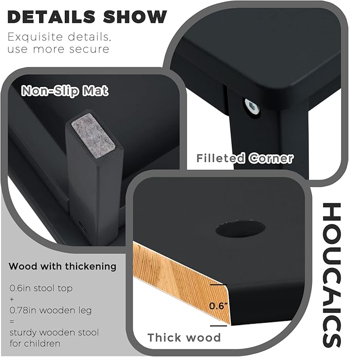 HOUCHICS Black Wooden Step Stool for Kids,Wood Stool for Kitchen Bedroom Living Room Bathroom Toilet Nursery Toddlers Potty Training Stool with Non-Slip Pads and 220lb Load Capacity (White