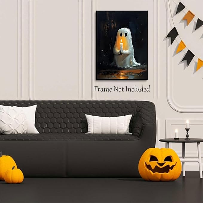 ILLBDR Cute Ghost Canvas Wall Art Halloween Decor Vintage Painting, Spooky Silhouette Ghost Holding Candle Haunted House Art, Bedroom Gothic Decor Ready to Hang, 16x24 Inch Unframed
