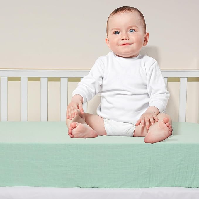 Muslin Crib Sheets for Boys Girls, 2 Pack 100% Cotton Soft Breathable Fitted Baby Sheet Set, 28x52 Inch Fits Standard Crib and Toddler Mattresses, Beige & Green