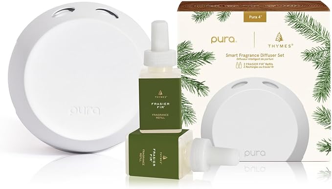 Thymes Pura 4 Diffuser Kit - Smart Home Fragrance Diffusers for Home - Includes Pura Air Freshener Device + 2 Pura Refills (Frasier Fir)