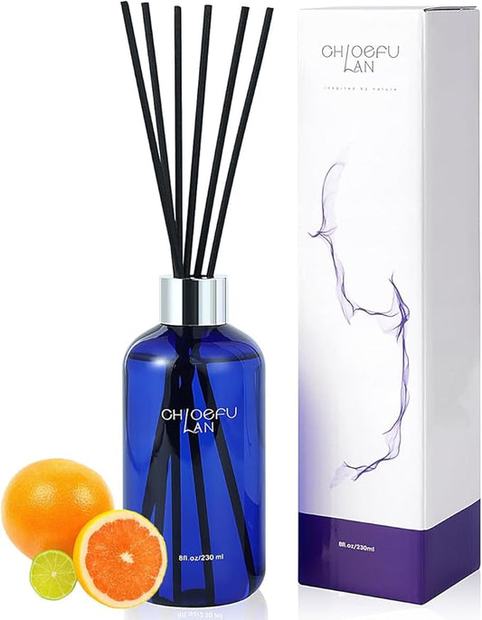 Chloefu Lan Citrus & Lemon Reéd Diffuser,8.1 oz Natural Essential Scented Oil with Diffuser Sticks, Orange Bathroom Decor, Office Air Freshener, Home Scent Diffuser