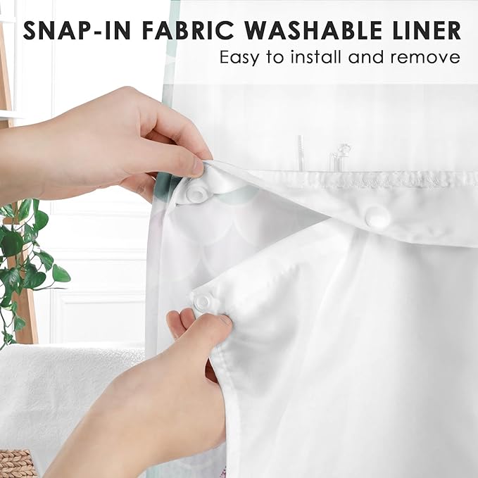 Pink Mermaid Tail Glitter No Hook Shower Curtain with Snap in Liner, Coral Starfish Turtle Bath Curtain with Double Layers Waterproof Fabric and Mesh Top Window 71x74 Inch