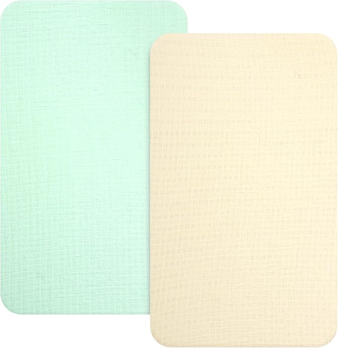 Muslin Mini Crib Sheets, 2 Pack Cotton Pack N Play Sheets for Boys Girls Neutral, Soft Breathable Baby Sheets Fit Pack N Play, Playard and Mini Crib Mattresses, Beige & Green