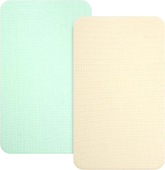Muslin Mini Crib Sheets, 2 Pack Cotton Pack N Play Sheets for Boys Girls Neutral, Soft Breathable Baby Sheets Fit Pack N Play, Playard and Mini Crib Mattresses, Beige & Green