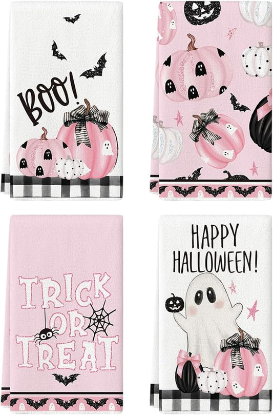 Artoid Mode Pink Pumpkins Ghost Boo Happy Halloween Kitchen Towels Dish Towels, 18x26 Inch Trick Or Treat Decoration Hand Towels Set of 4
