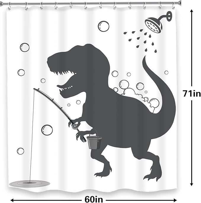 LGhtyro Dinosaur Funny Dino Kids Shower Curtain Bathroom Set 60Wx71H Inches Boys Animal Shadow Cartoon Silhouette Bath Accessories Black White Art Art Home Decor Fabric 12 Pack Hooks