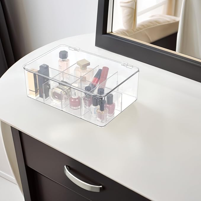 Clear Tea Bag Organizer, Dresser Organizers Drawer Organzier Storage Container with Removable Dividers, Plastic Storage Bin with Lid, Organizer for Scarves Ties Bras