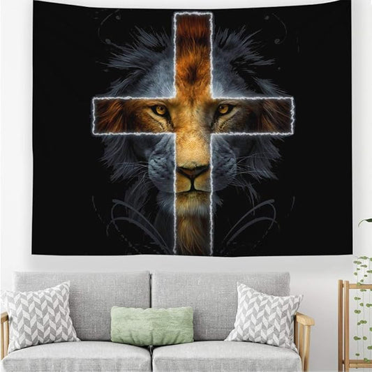 Cool Lion Tapestry Wall Hanging, Black and Gold African Leo Lion King with Cross Tapestry for Boys Girls Hippie Fantasy Wild Animal Decor,Leo Wall Art Gift for Bedroom Living Room Dorm 60 X 51 Inch