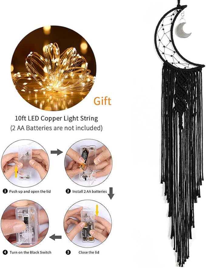 Dremisland Macrame Woven Wall Hanging Moon Dream Catcher- Boho Chic Bohemian Home Decor Wall Art Decor Beautiful Apartment Dorm Room Door Decoration (Moon-Black)