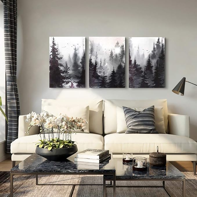 Scenery Watercolor Painting 3 Pieces Canvas Wall Art For Living Room Wall Decor For Bedroom Decorations Modern Office Home Decoration Black And White Forest Landscape Posters Canvas Prints Artwork